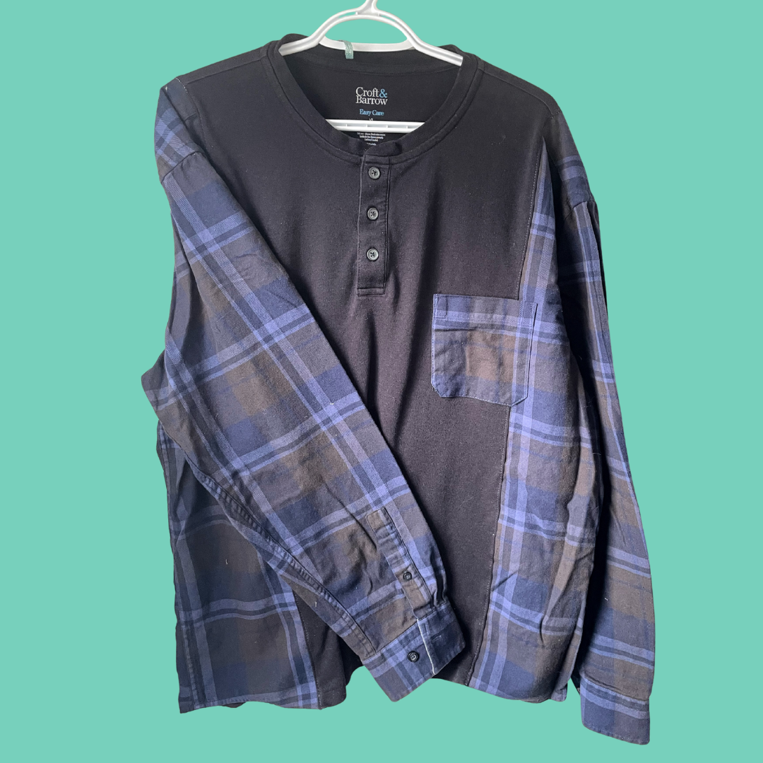 Upcycled Colorblock Plaid Sleeve Button Henley Shirt - XL