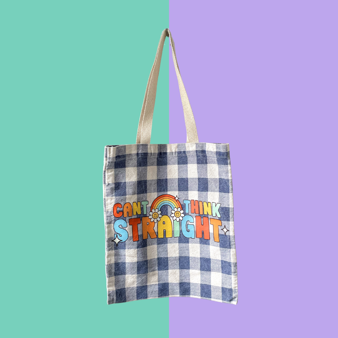 Retro rainbow 'Can't Think Straight' graphic blue gingham tote bag