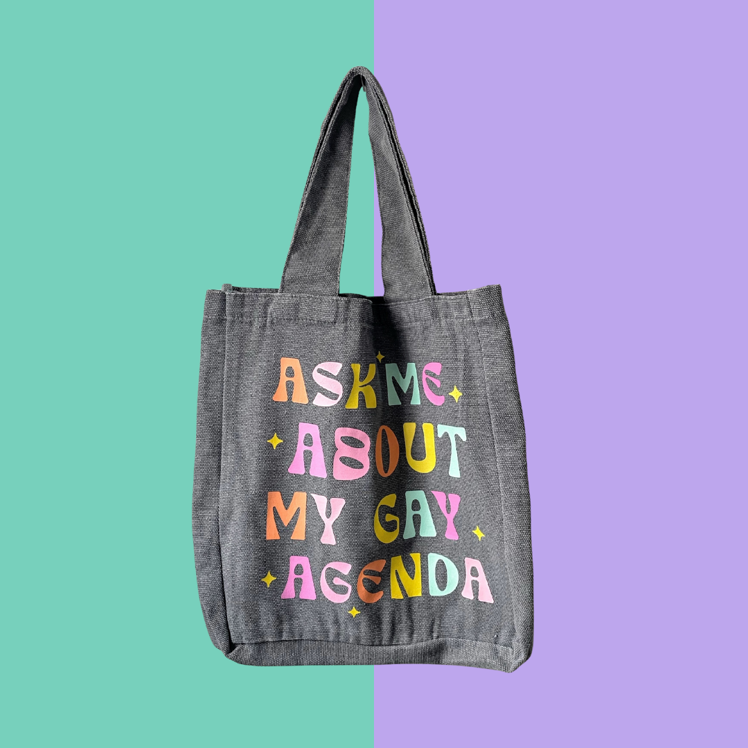 Ask Me About My Gay Agenda Graphic Grey Tote Bag