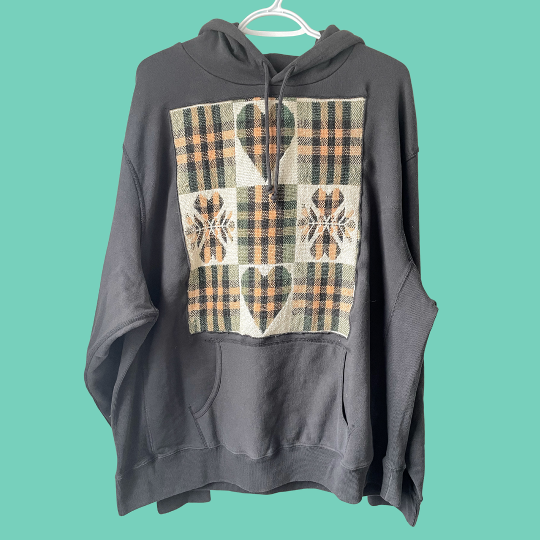 Plaid Heart Patch Hoodie | Vintage Patchwork Sweatshirt Pullover - XXL