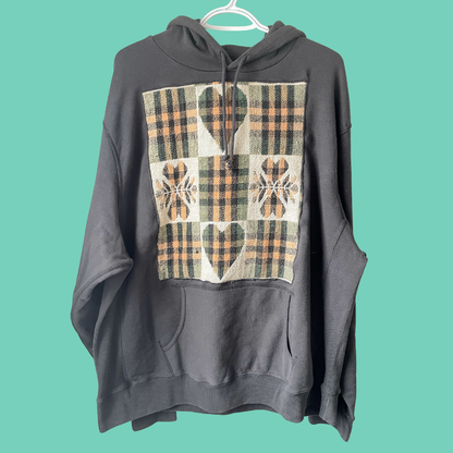 Plaid Heart Patch Hoodie | Vintage Patchwork Sweatshirt Pullover - XXL