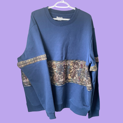 Floral tapestry stripe panel blue crewneck sweater - XXL