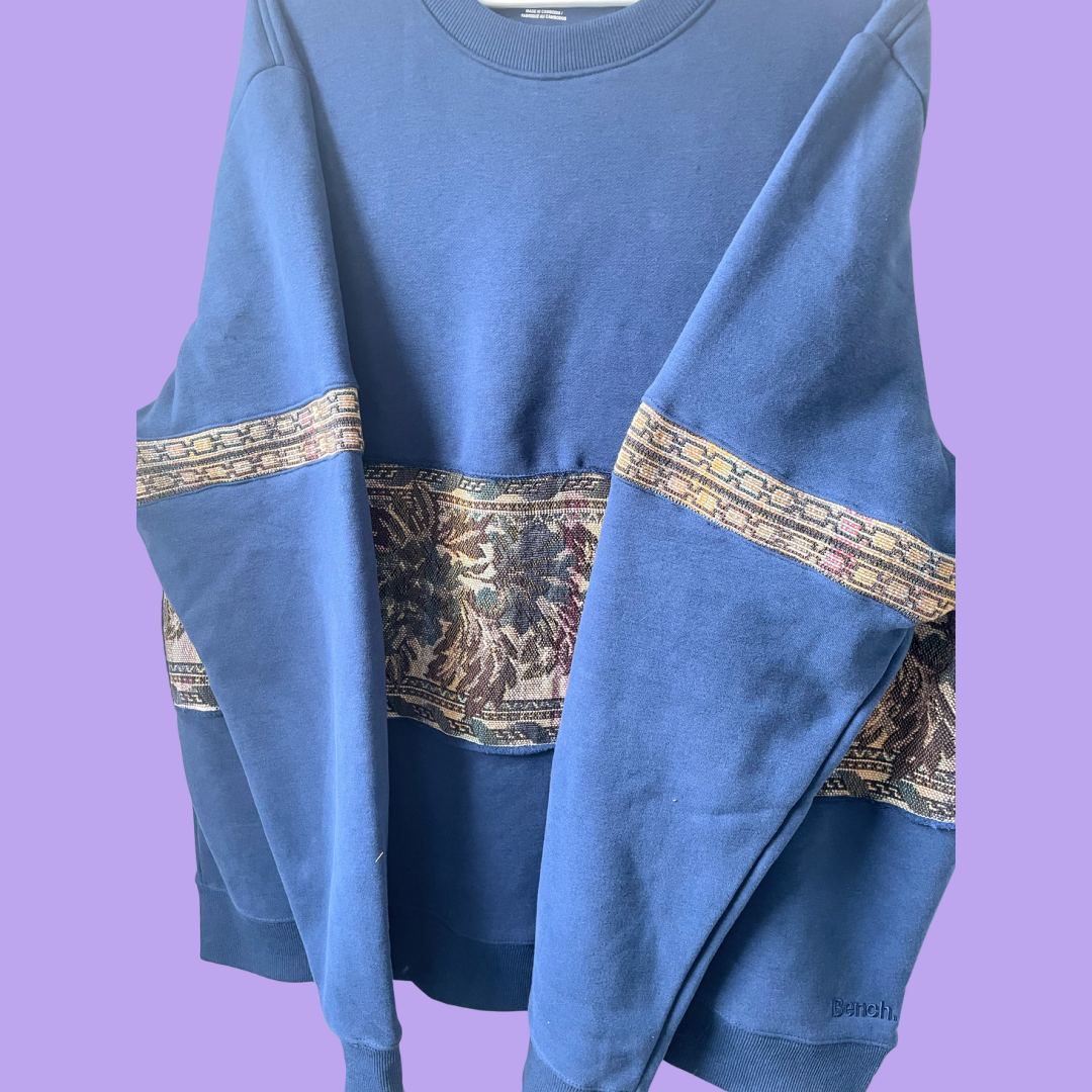 Floral tapestry stripe panel blue crewneck sweater - XXL