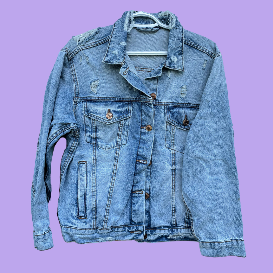Distressed Bow Print Denim Jacket