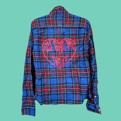Plaid Flannel Button-Up Shirt With Graphic Heart Back
