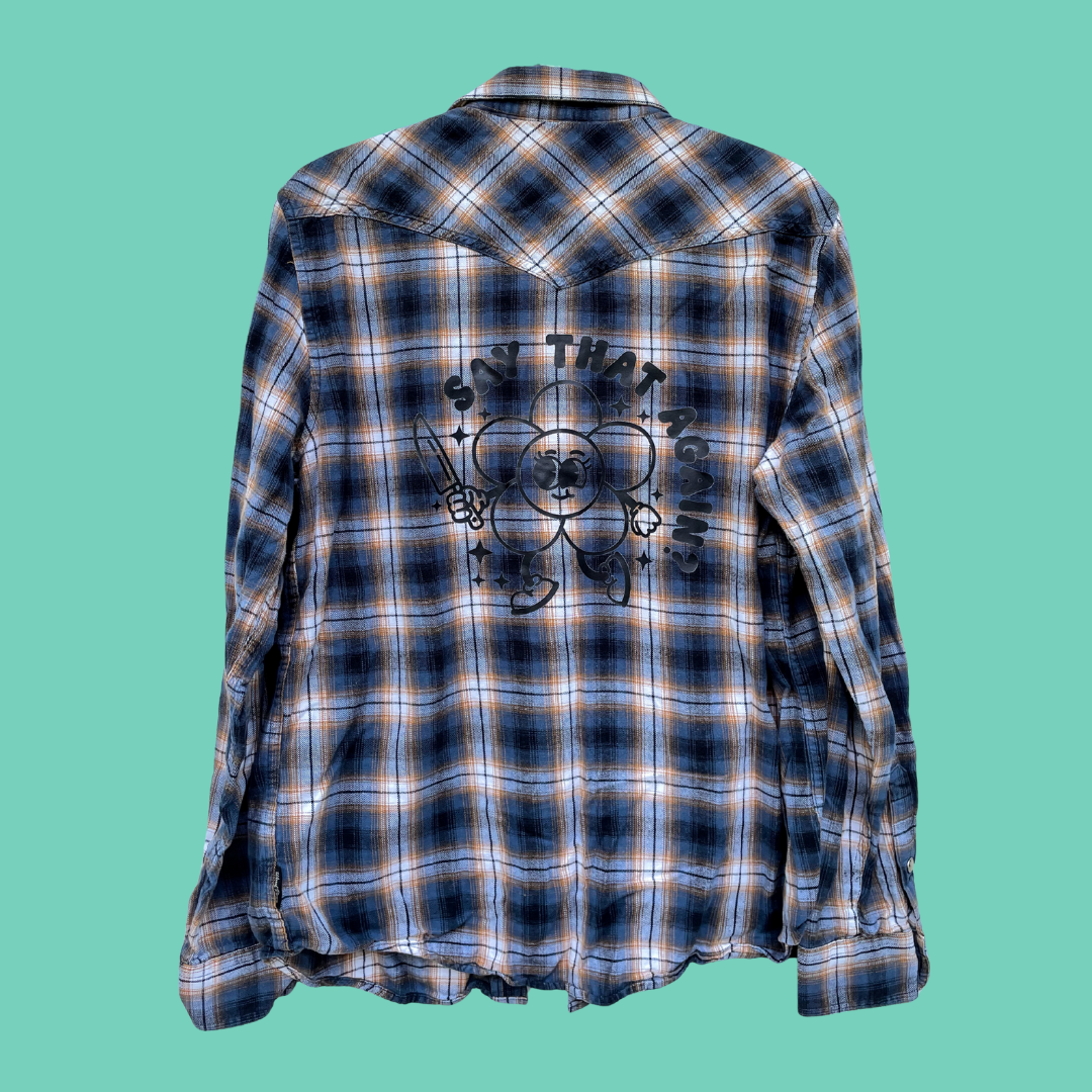 Cartoon Flower Graphic Plaid Button-Up Shirt
