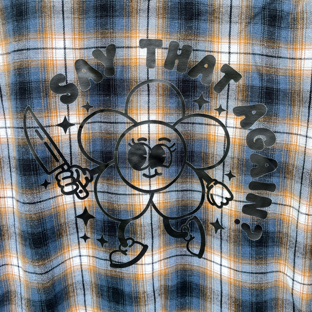 Cartoon Flower Graphic Plaid Button-Up Shirt