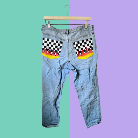 Checkerboard Flame Painted Pocket Light Wash Jeans