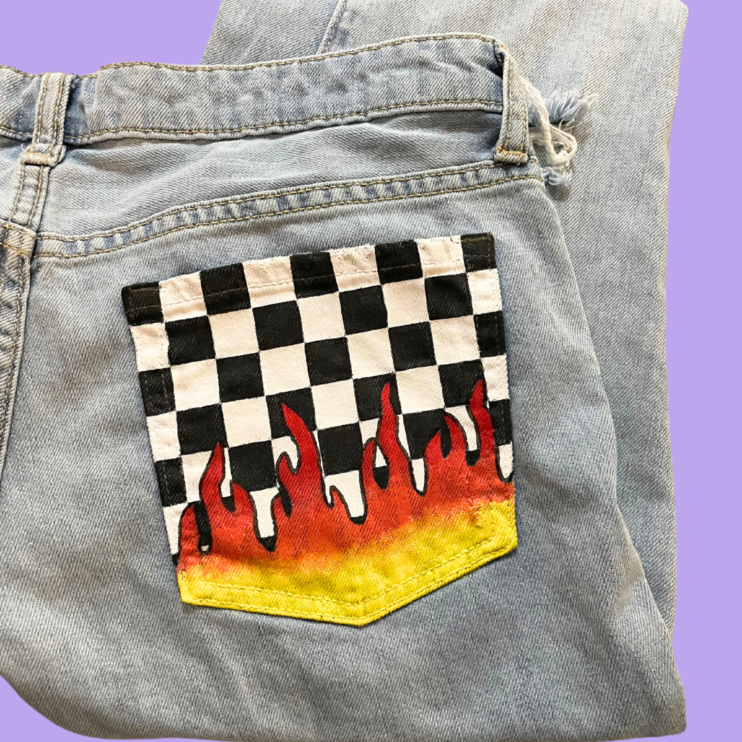Checkerboard Flame Painted Pocket Light Wash Jeans