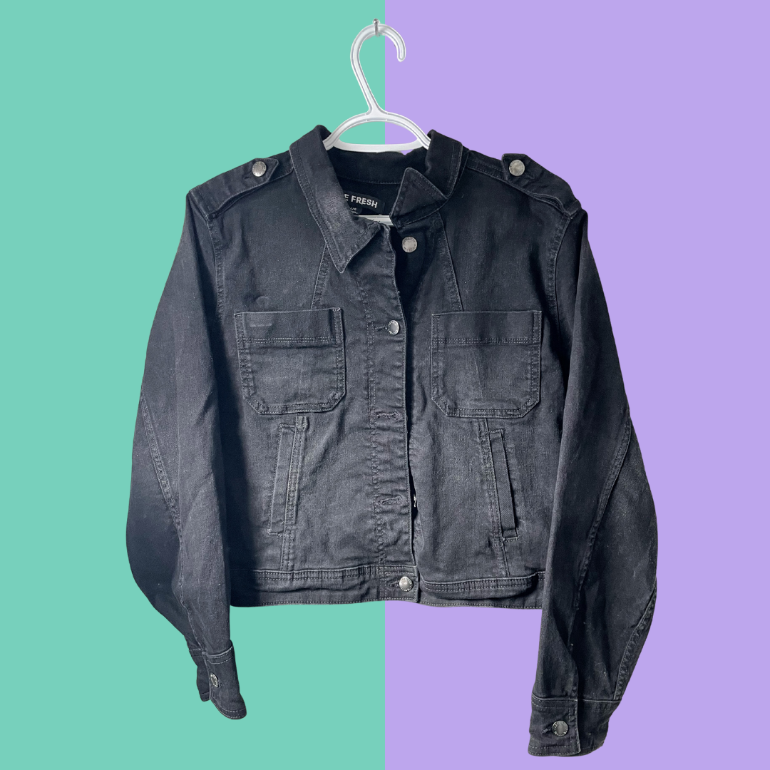 Hand painted checkerboard and wave graphic black denim jacket