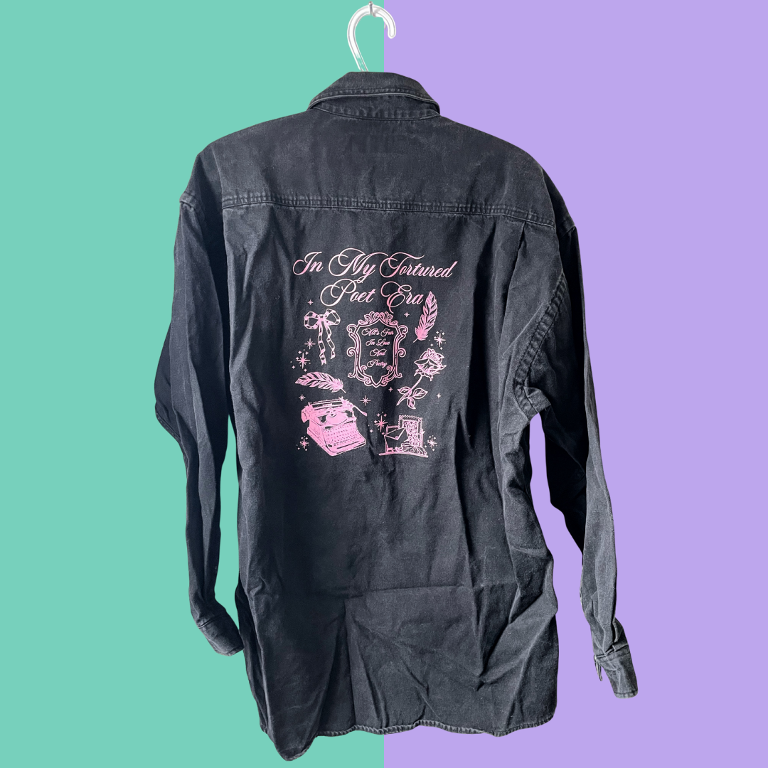Pink poet-inspired graphic black button-up shirt