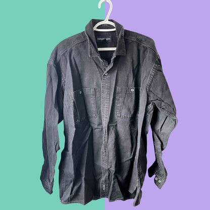 Pink poet-inspired graphic black button-up shirt