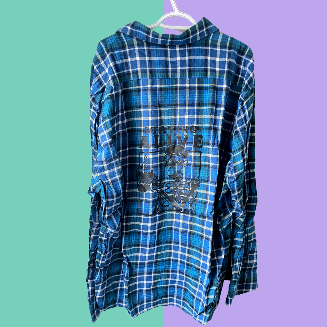 Staying Alive Skeleton Graphic Blue Plaid Button-Up Shirt