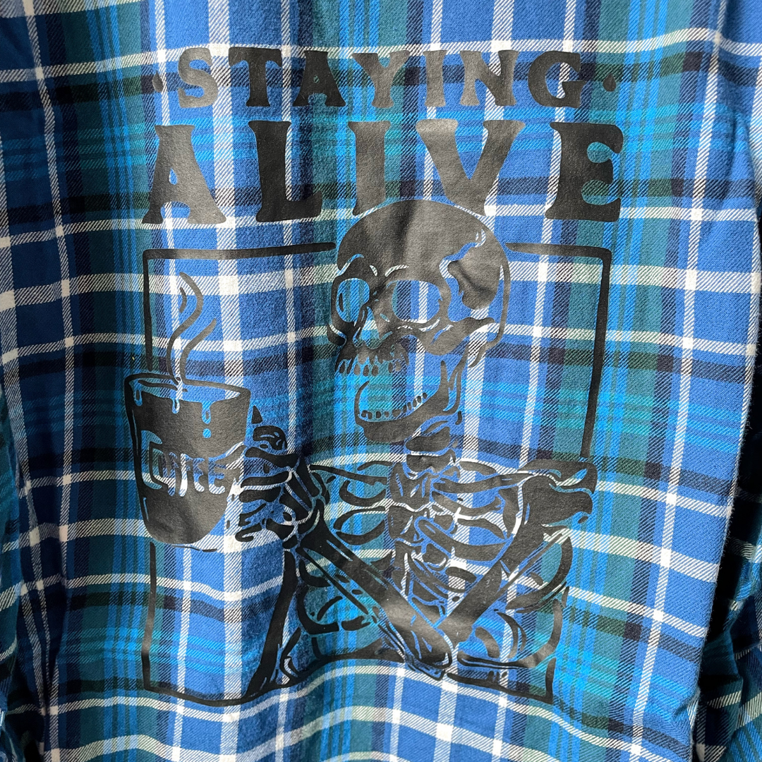 Staying Alive Skeleton Graphic Blue Plaid Button-Up Shirt