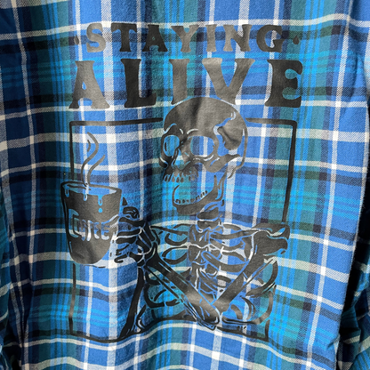 Staying Alive Skeleton Graphic Blue Plaid Button-Up Shirt