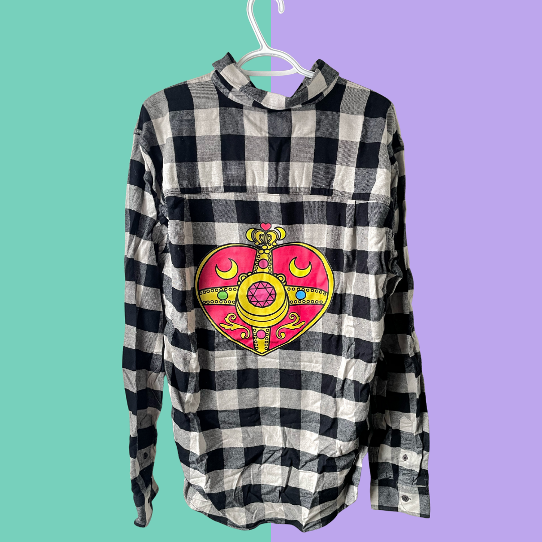 Heart Moon Graphic Plaid Button-Up Shirt