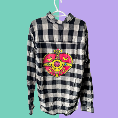 Heart Moon Graphic Plaid Button-Up Shirt