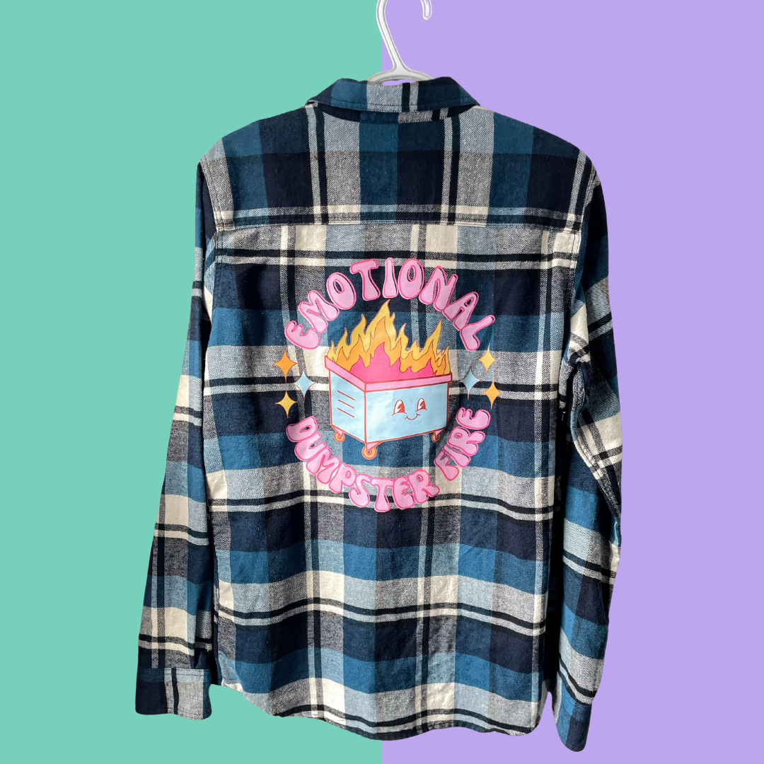 Dumpster Fire Graphic Blue Plaid Button-Up Shirt
