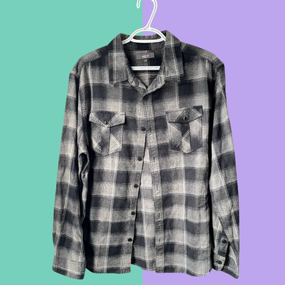 Pink Cartoon Brain Graphic Black Plaid Button-Up Flannel Shirt