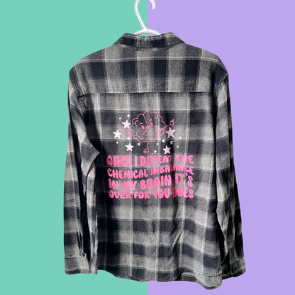 Pink Cartoon Brain Graphic Black Plaid Button-Up Flannel Shirt