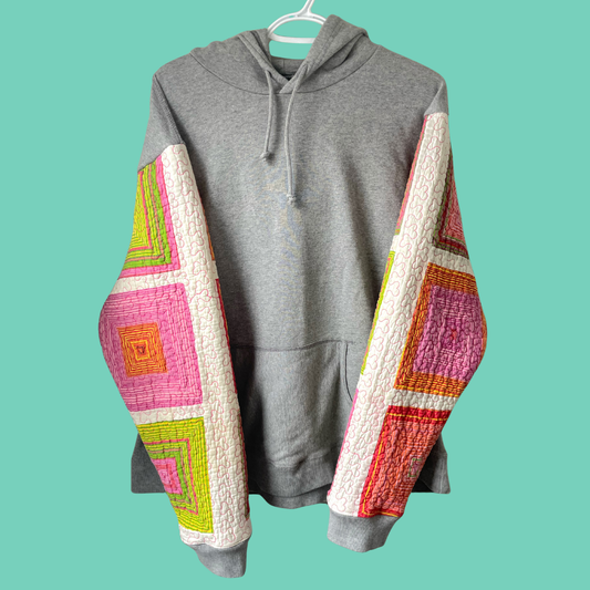 Colour block patchwork sleeve graphic hoodie with quilted design - XXL