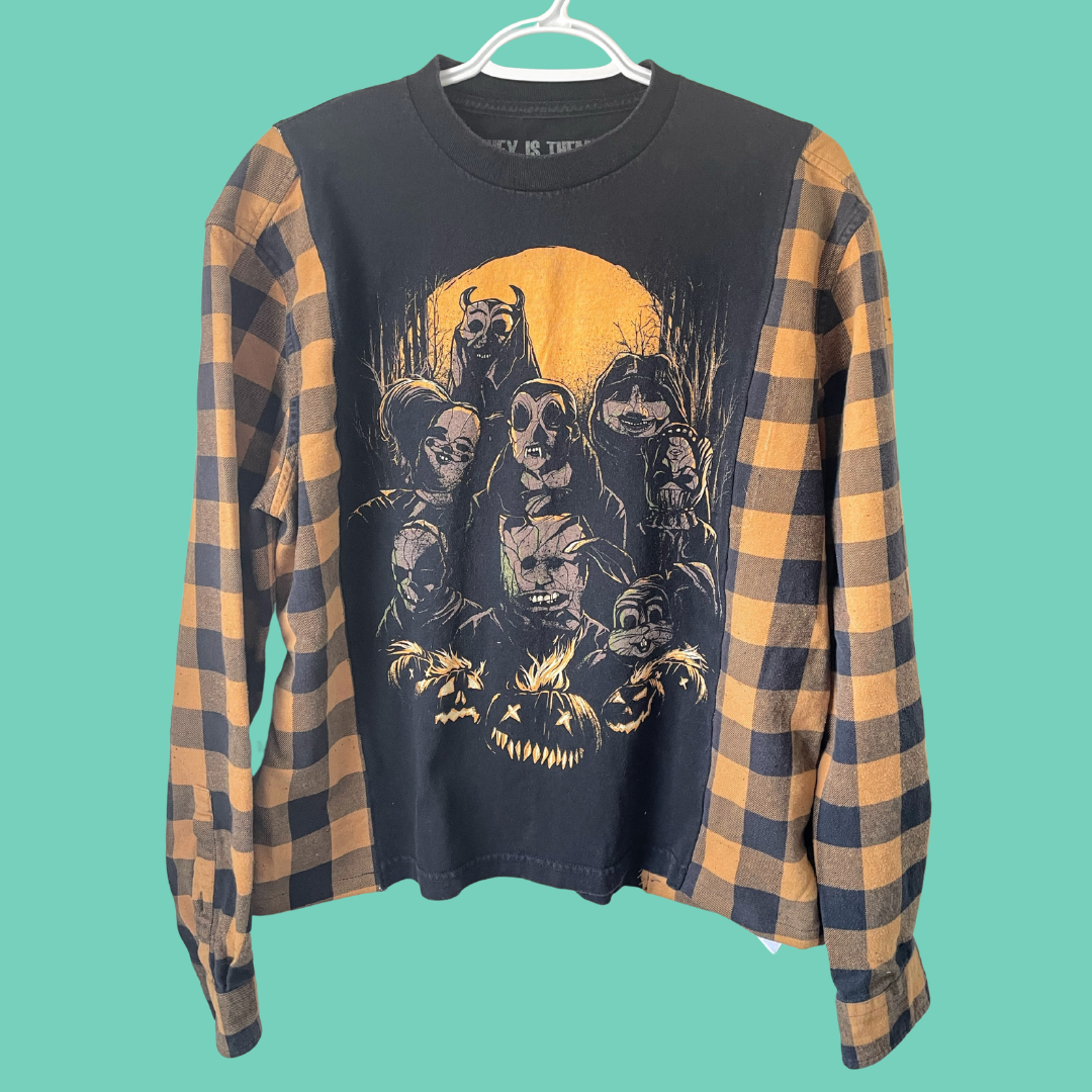 Horror Masked Group Graphic Brown Plaid Flannel Shirt - S