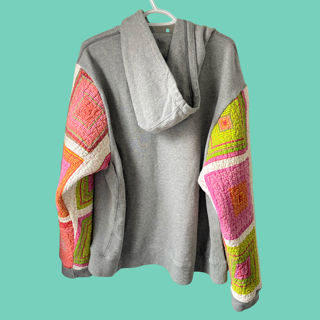 Colour block patchwork sleeve graphic hoodie with quilted design - XXL