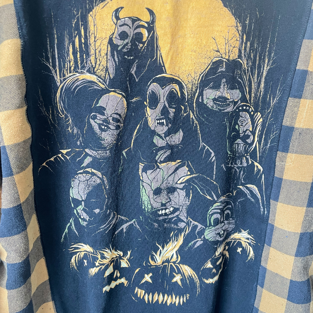 Horror Masked Group Graphic Brown Plaid Flannel Shirt - S