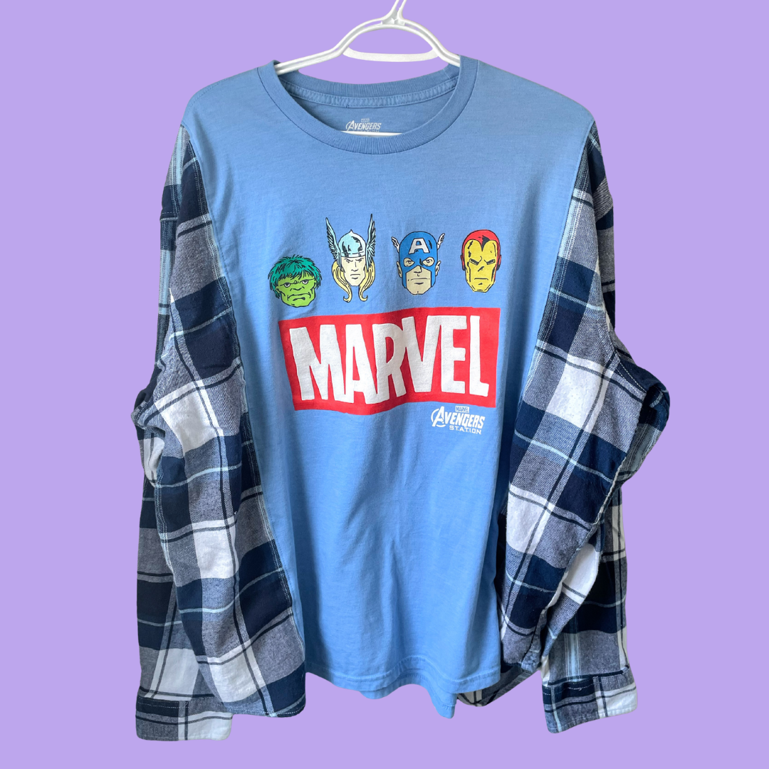 Avengers Marvel Graphic Blue and Navy Plaid Long Sleeve Shirt - XL