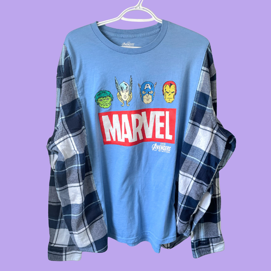 Avengers Marvel Graphic Blue and Navy Plaid Long Sleeve Shirt - XL