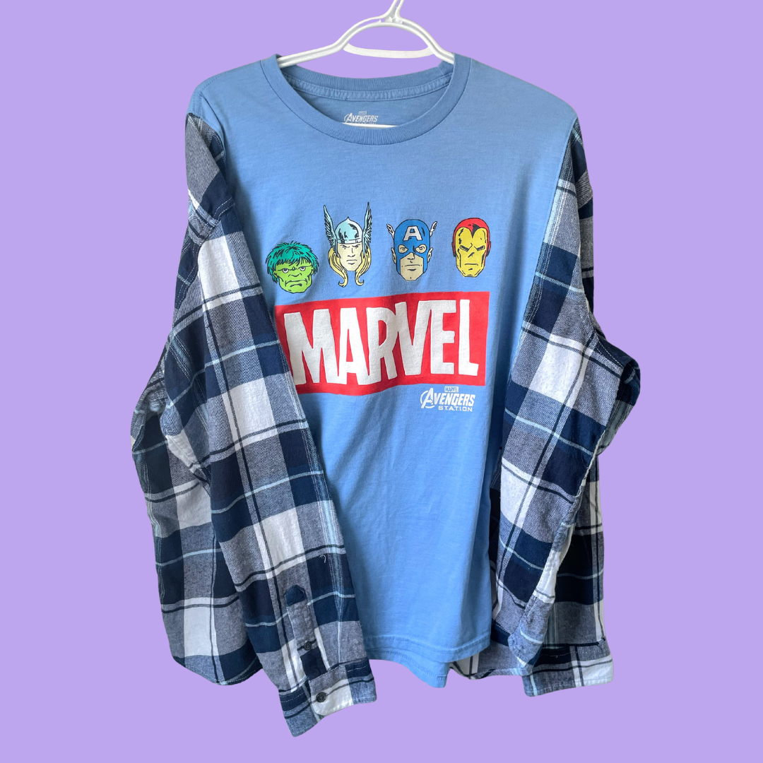 Avengers Marvel Graphic Blue and Navy Plaid Long Sleeve Shirt - XL