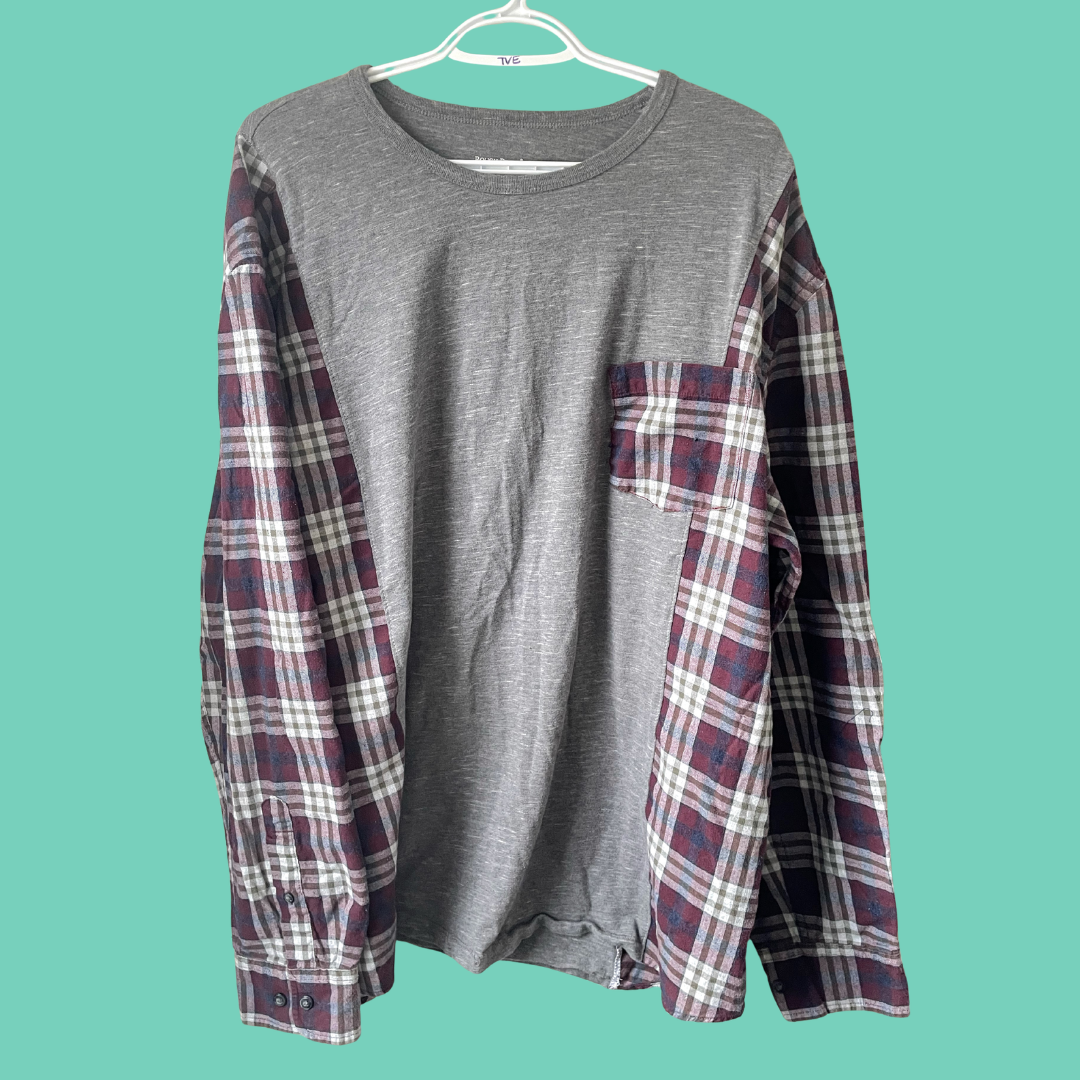 Grey and Burgundy Plaid Panel Button-Up Shirt - XL