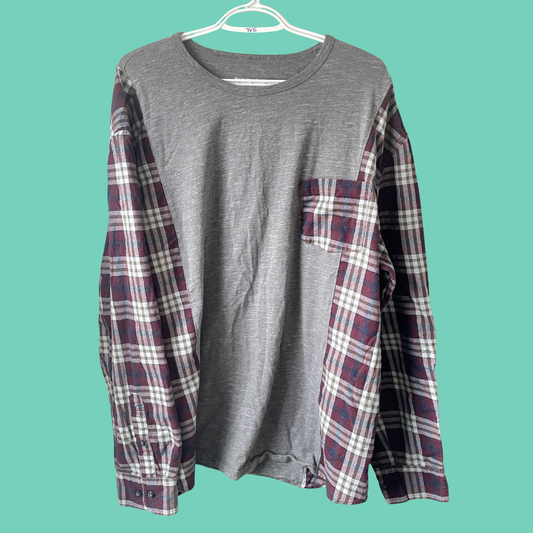 Grey and Burgundy Plaid Panel Button-Up Shirt - XL