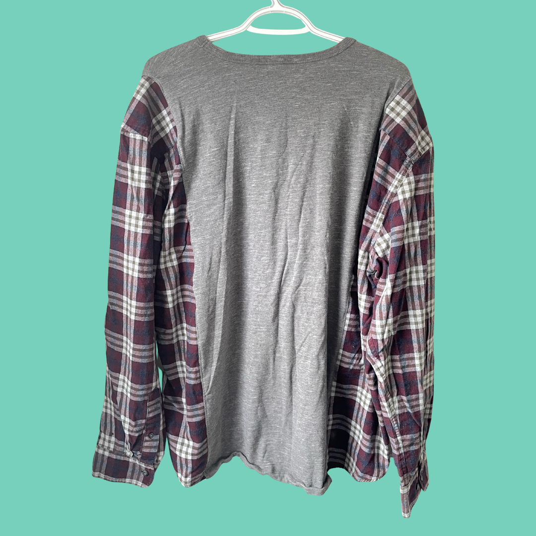 Grey and Burgundy Plaid Panel Button-Up Shirt - XL