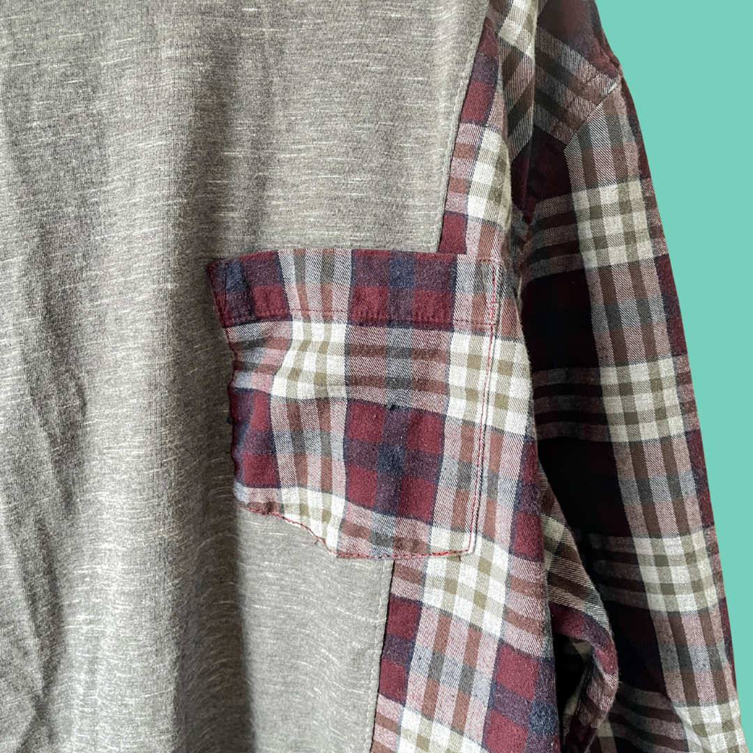 Grey and Burgundy Plaid Panel Button-Up Shirt - XL