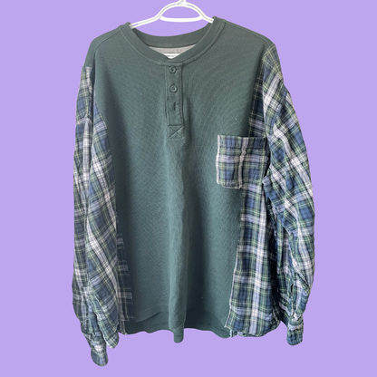Green Waffle Knit Henley With Plaid Flannel Sleeves - XL