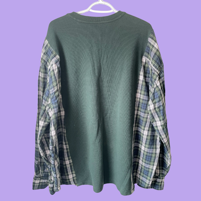 Green Waffle Knit Henley With Plaid Flannel Sleeves - XL