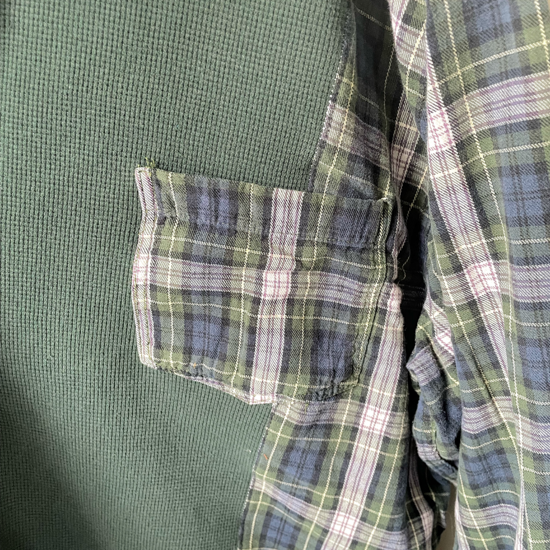 Green Waffle Knit Henley With Plaid Flannel Sleeves - XL