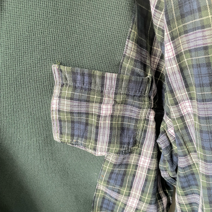 Green Waffle Knit Henley With Plaid Flannel Sleeves - XL