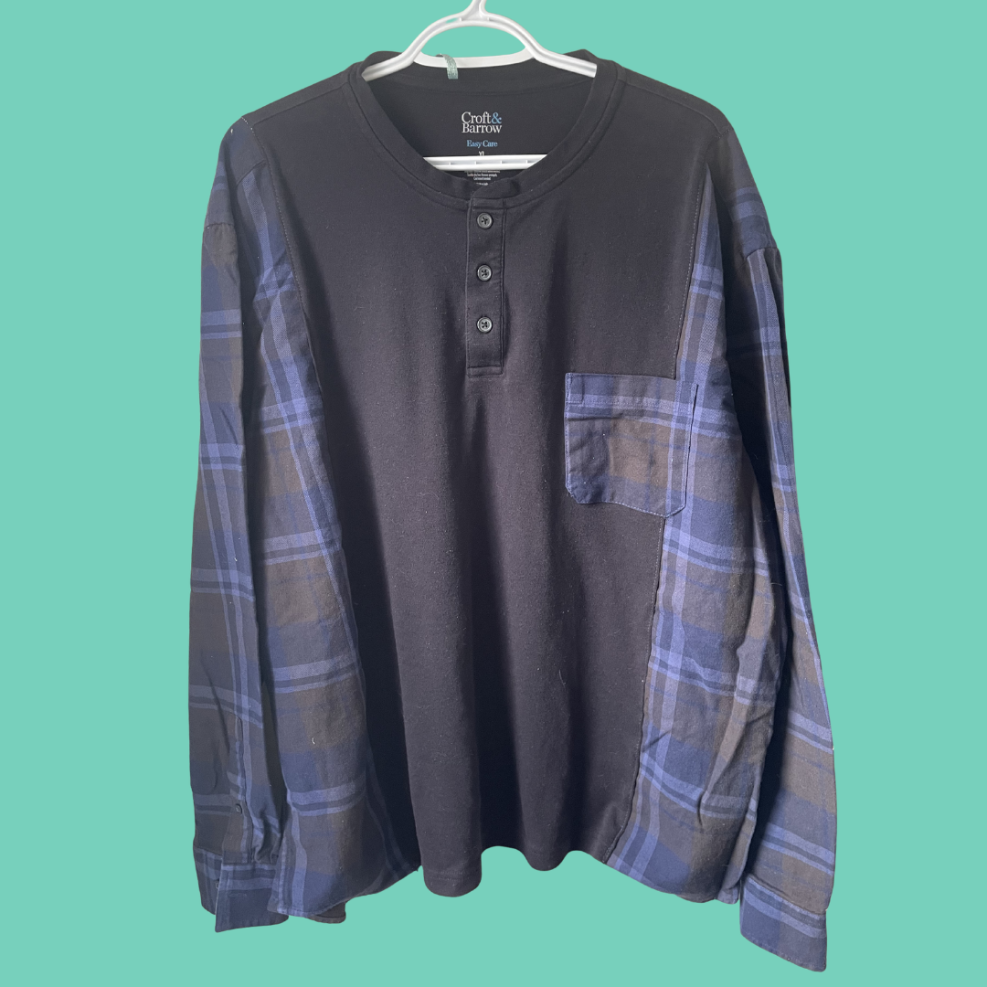 Upcycled Colorblock Plaid Sleeve Button Henley Shirt - XL